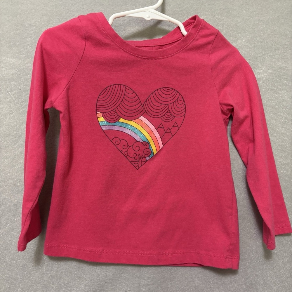 Cat & Jack Long Sleeve Pullover Pink With Heart & Rainbow Girls T-Shirt 3T